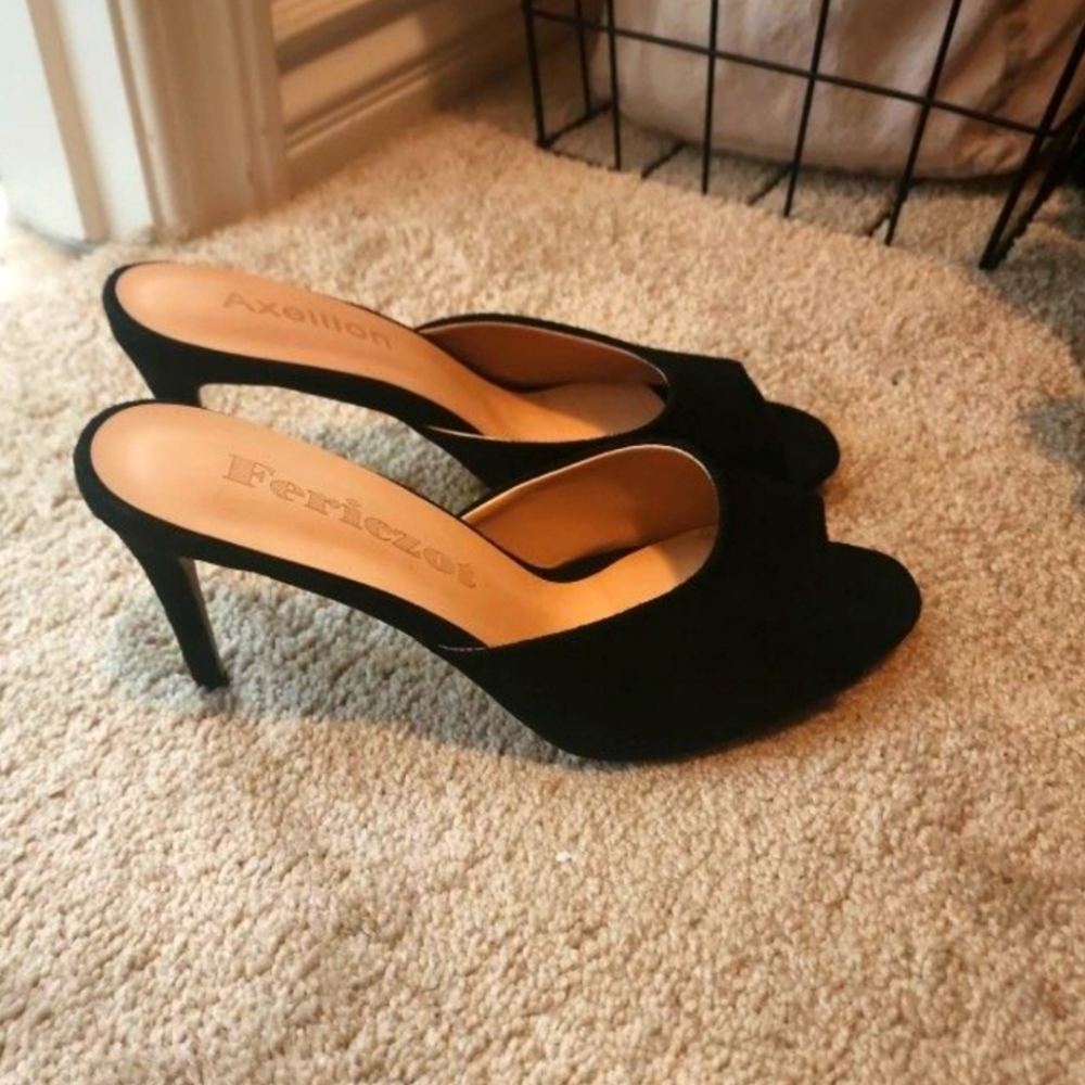 Faux suede mule heels